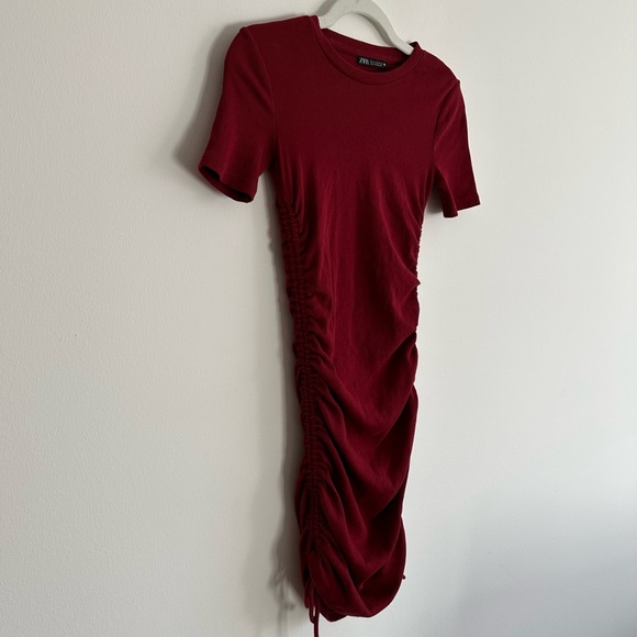 Zara - Ribbed Bodycon Stretchy Mini Dress with Ties | Maroon | Size Small - Picture 3 of 7
